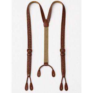 Vintage Braided Leather Suspenders Button Straps Basket Weave Brown Adjustable